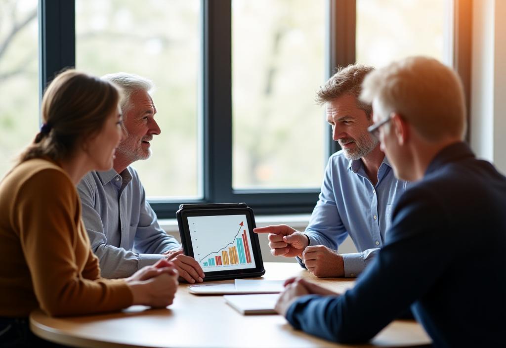 A professional financial planner showing a growth chart on a tablet to an elderly couple in a bright office