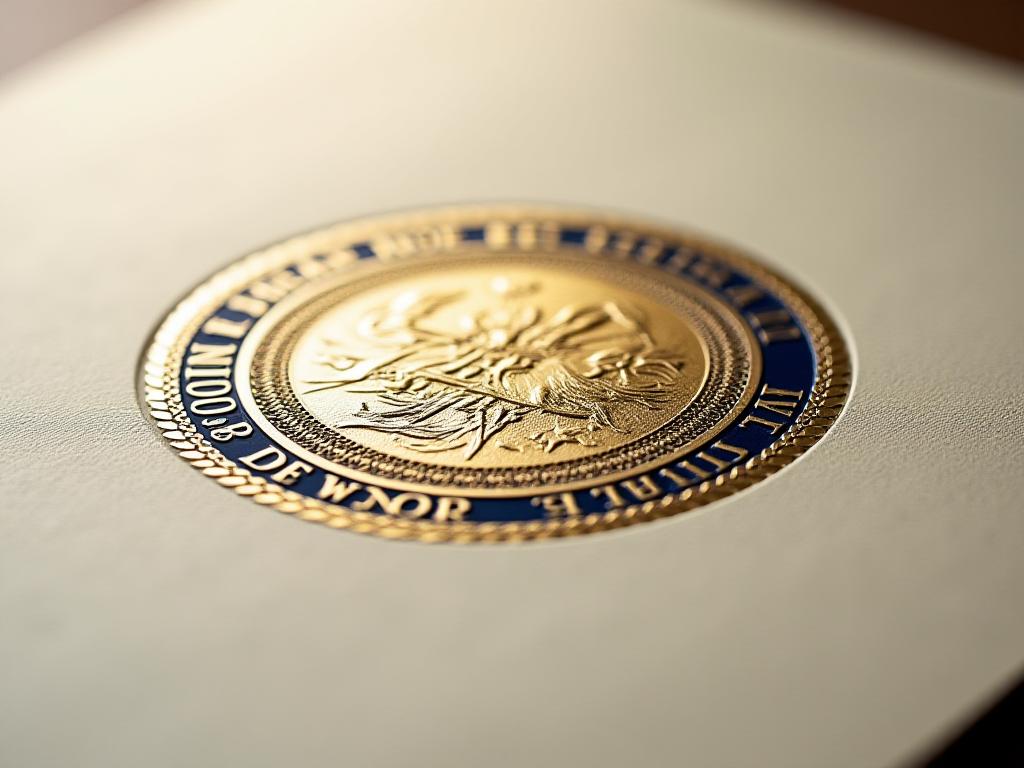 Close-up of official government seal on decorative high-quality paper texture